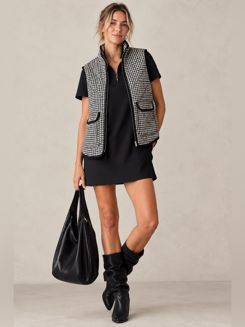 J.Crew Excursion Puffer Vest Black White Houndstooth Check XXS ITEM #0035